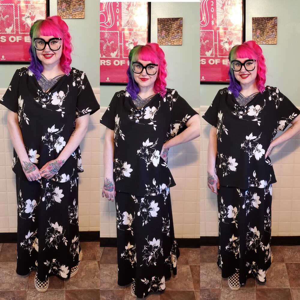 Vintage 90s Black White Floral Flower Short Sleeve Maxi Dress Women's Size 22